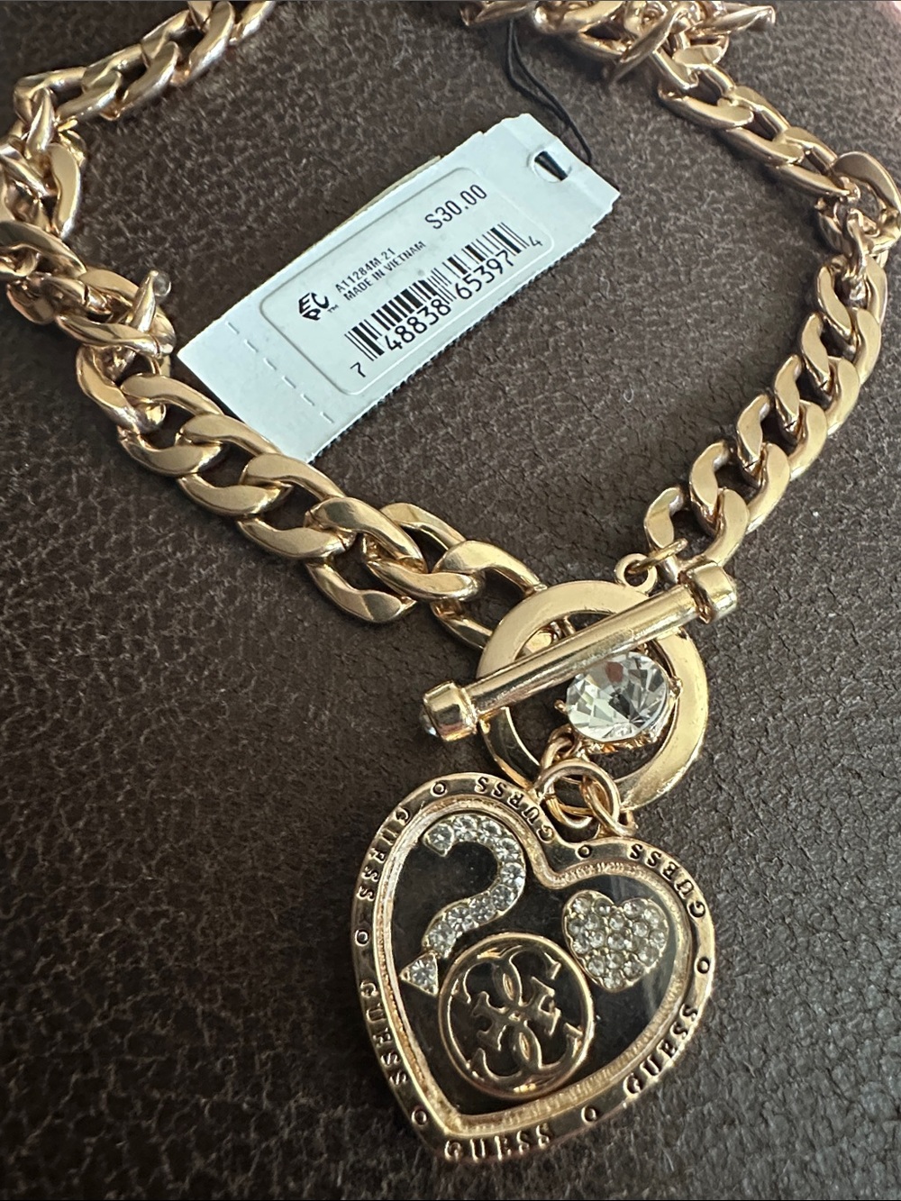 GUESS Gold-Tone Heart Charm Toggle Necklace with Crystal Accents
